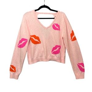Witty Fox Pink Lips Print Long Sleeve V‎ Neck Pullover Knit Sweater XL